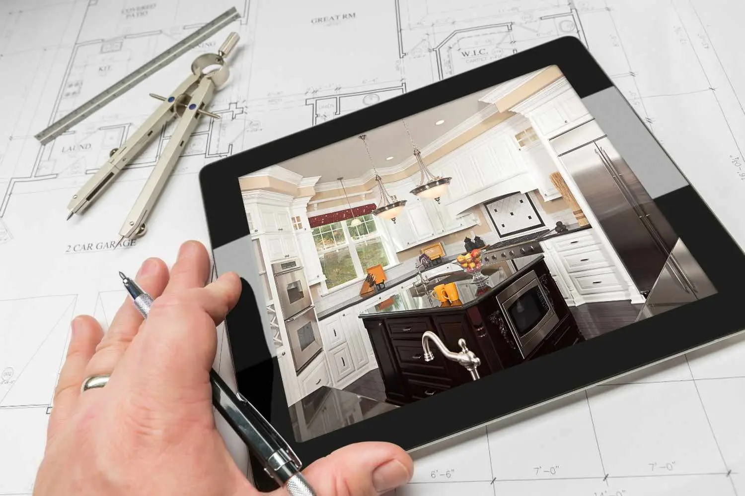 Architect reviewing a kitchen floor plan on a tablet with blueprints and drafting tools on desk