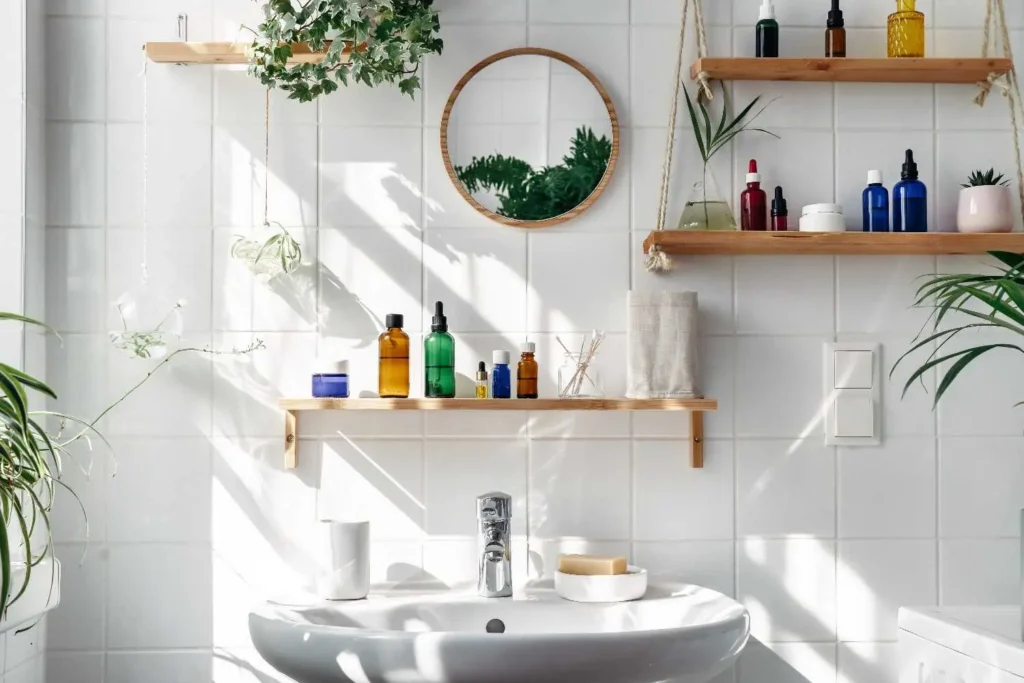Modern white tiled bathroom showcasing smart Bathroom Shelving Ideas and Tips, with floating wooden shelves and hanging rope shelves styled with skincare bottles and indoor plants for a clean, functional look.