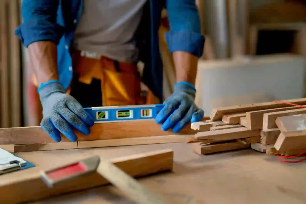 A carpenter using a blue spirit level to determine What is a Shim's necessary thickness for leveling wood planks during a 2026 home renovation.