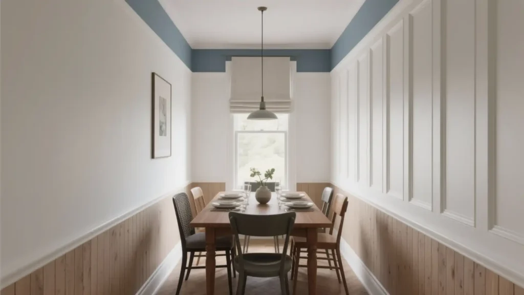 A 2026 modern dining area showcasing Half Wall Paneling Ideas with vertical wood slats, white upper molding, and a blue tray ceiling.