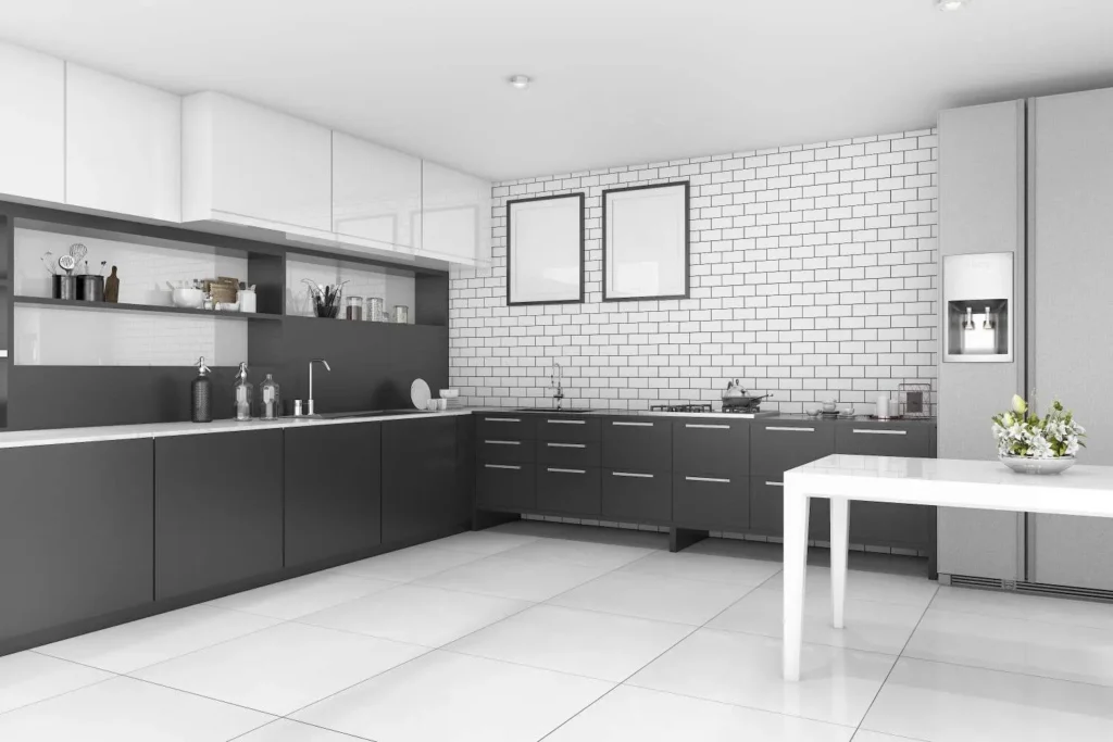 Modern black and white kitchen featuring Tiles For Kitchen Floor Ideas like large format glossy white porcelain and a classic white subway tile backsplash.
