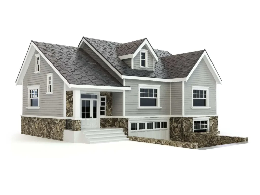 Modern small home design with compact layout, stone foundation, and functional floor plan