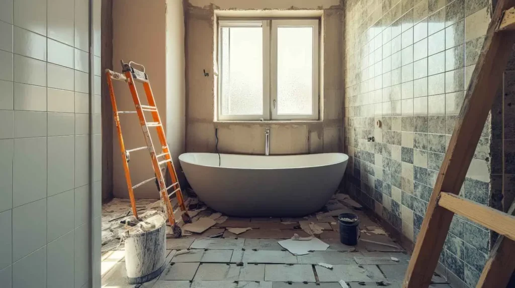 Help me avoid bathroom remodel mistakes, bathroom renovation in progress with freestanding tub, ladders, and partially installed wall tiles
