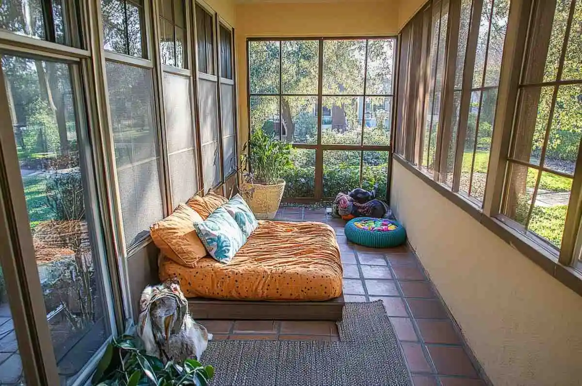 A cozy, narrow sunroom featuring floor-to-ceiling screened windows, terracotta tile flooring, and a simple low-profile daybed with orange bedding.