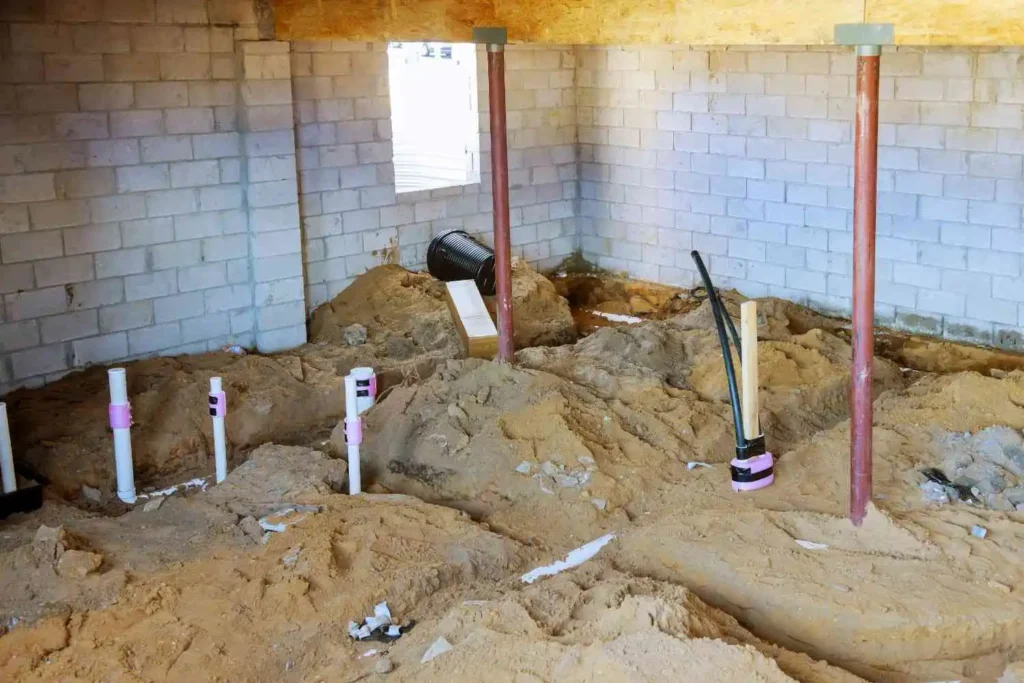 Basement plumbing excavation with exposed PVC drain pipes and trenches showing the easiest way to dig up a plumbing pipe safely