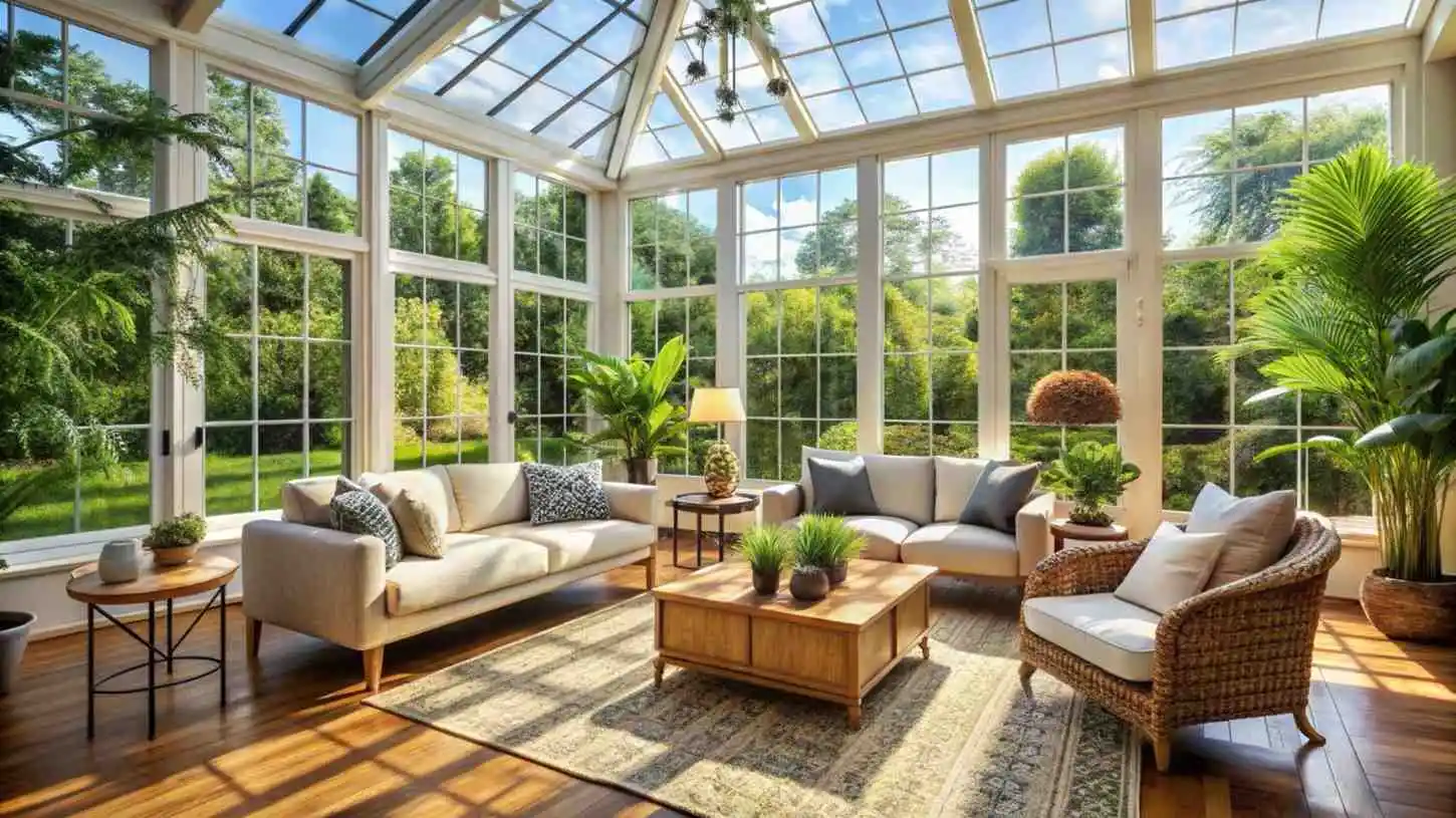 A luxury sunroom conservatory featuring a gabled glass roof, extensive white-framed window walls, hardwood flooring, and biophilic interior design with lush indoor plants.